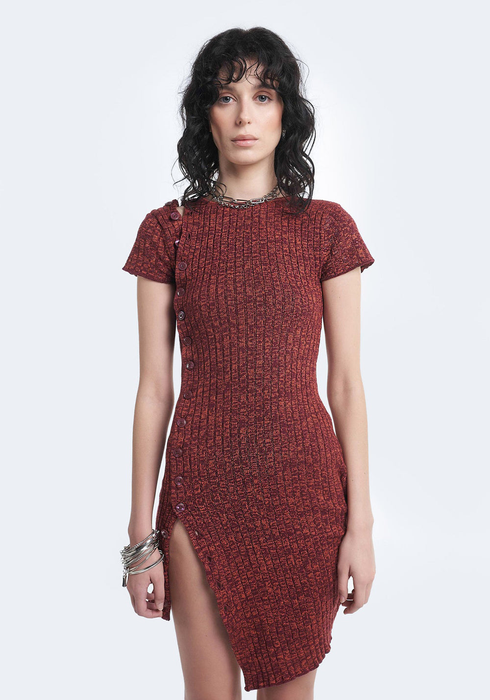 ASYMMETRIC BUTTON DRESS MAROON