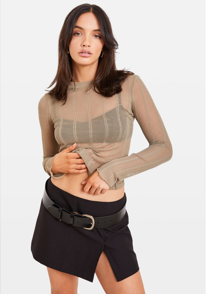 SHEER KNIT LONG SLEEVE TOP OLIVE
