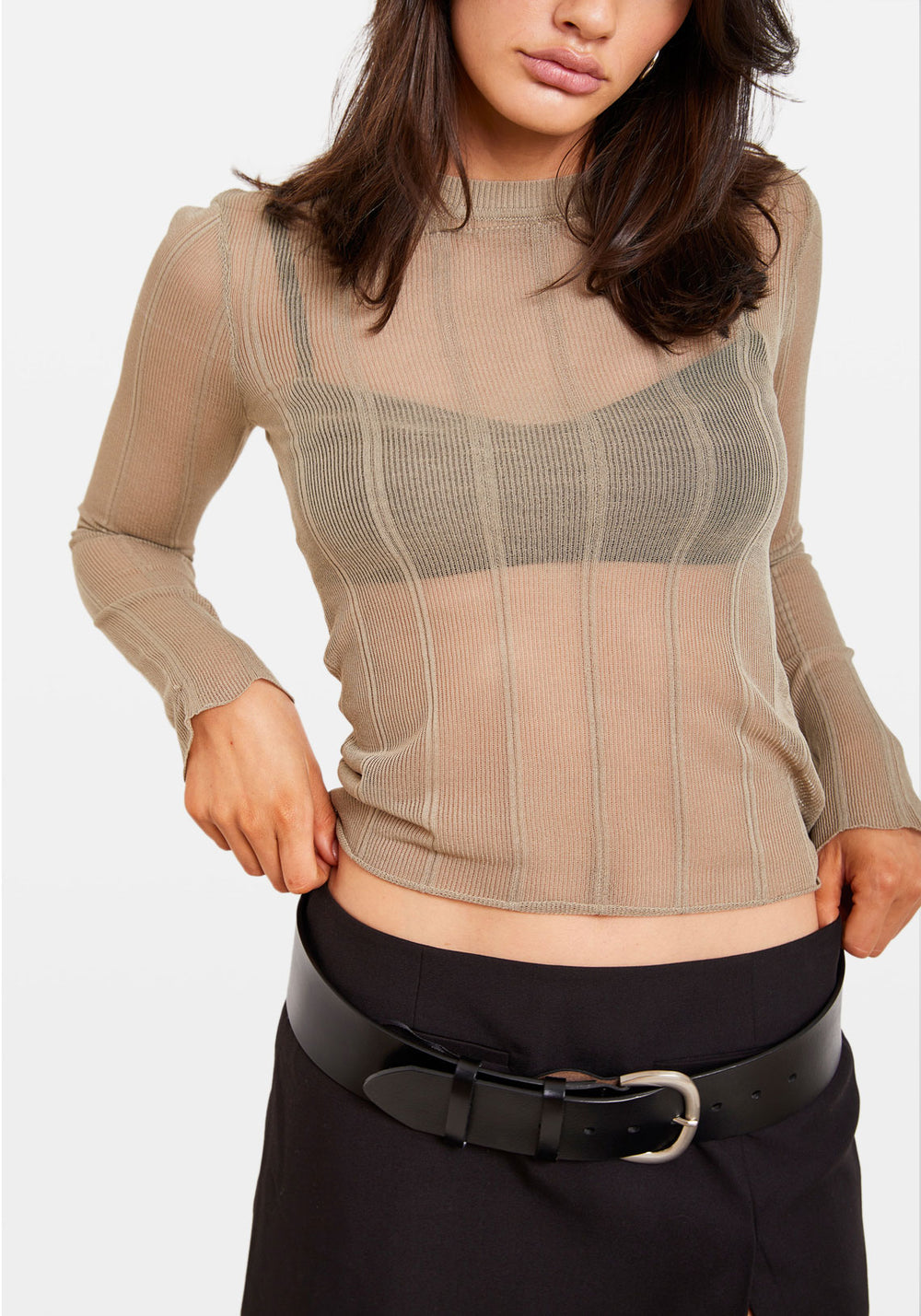 SHEER KNIT LONG SLEEVE TOP OLIVE
