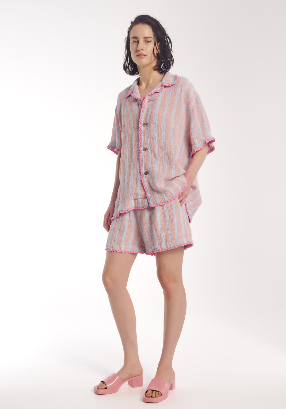 WOMENS HAND CROCHET LINEN STRIPE SHORTS ROSE STRIPE