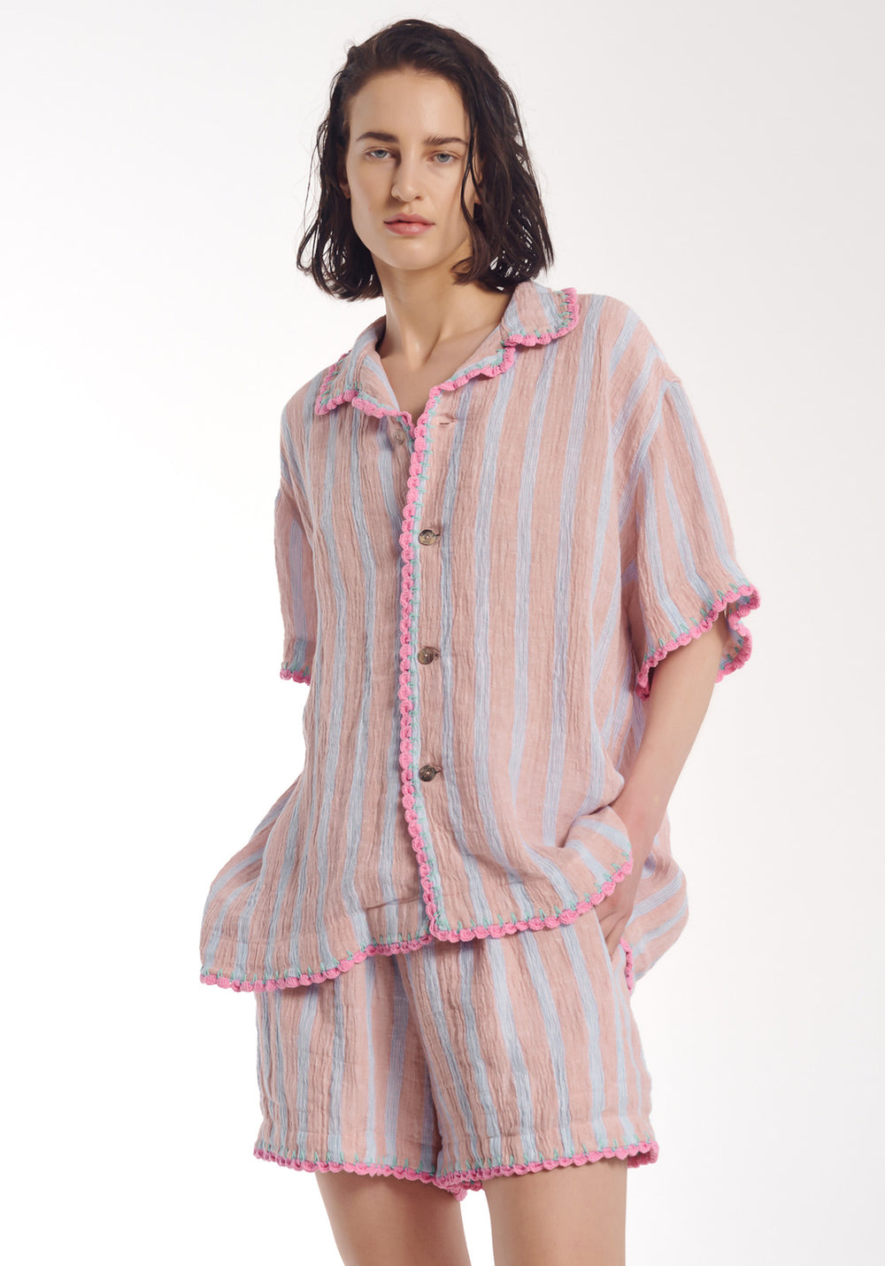 WOMENS HAND CROCHET LINEN STRIPE SHORTS ROSE STRIPE