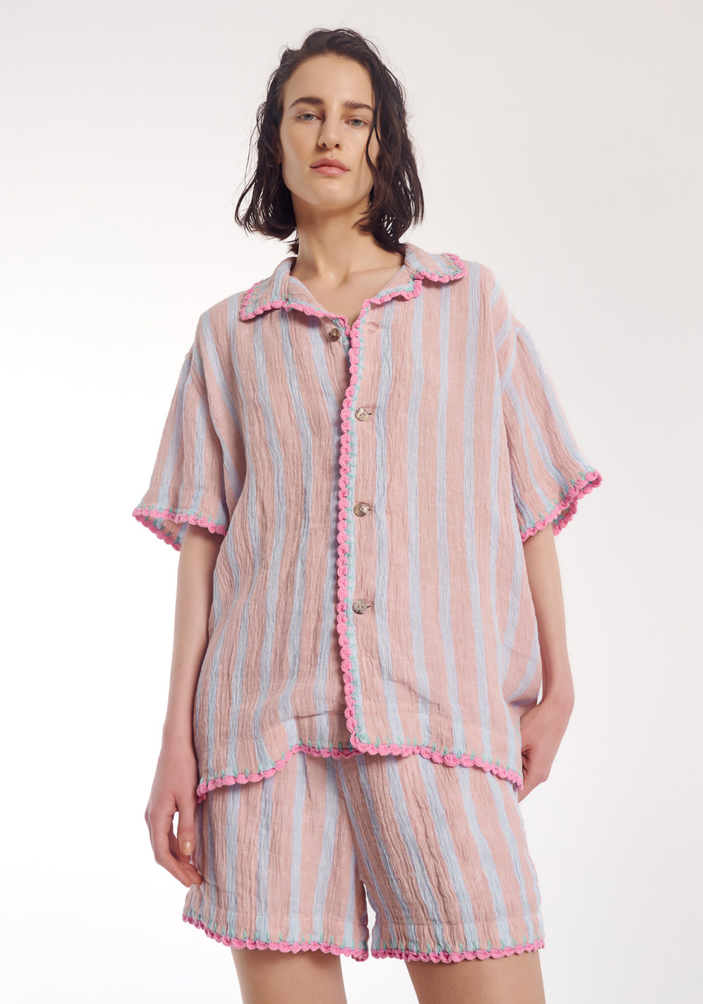 WOMENS HAND CROCHET LINEN STRIPE SHORTS ROSE STRIPE