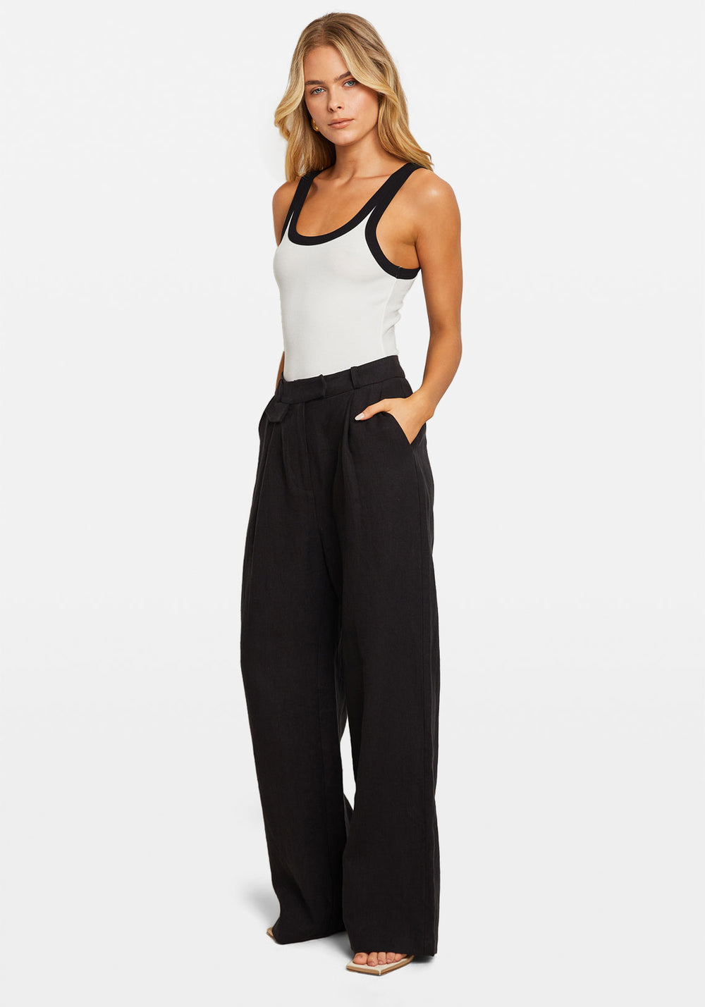 LINEN HIGH RISE TAILORED PANT BLACK