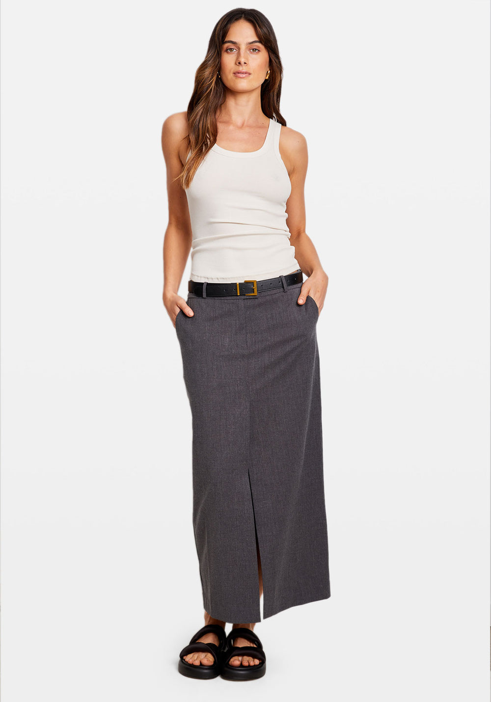 LOW RISE TAILORED MAXI SKIRT GREY