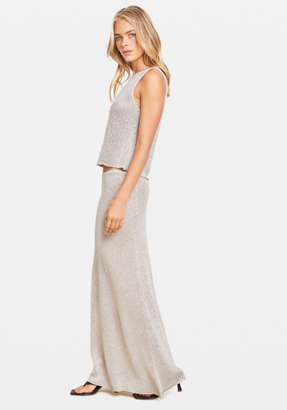SEQUIN KNIT MAXI SKIRT OYSTER
