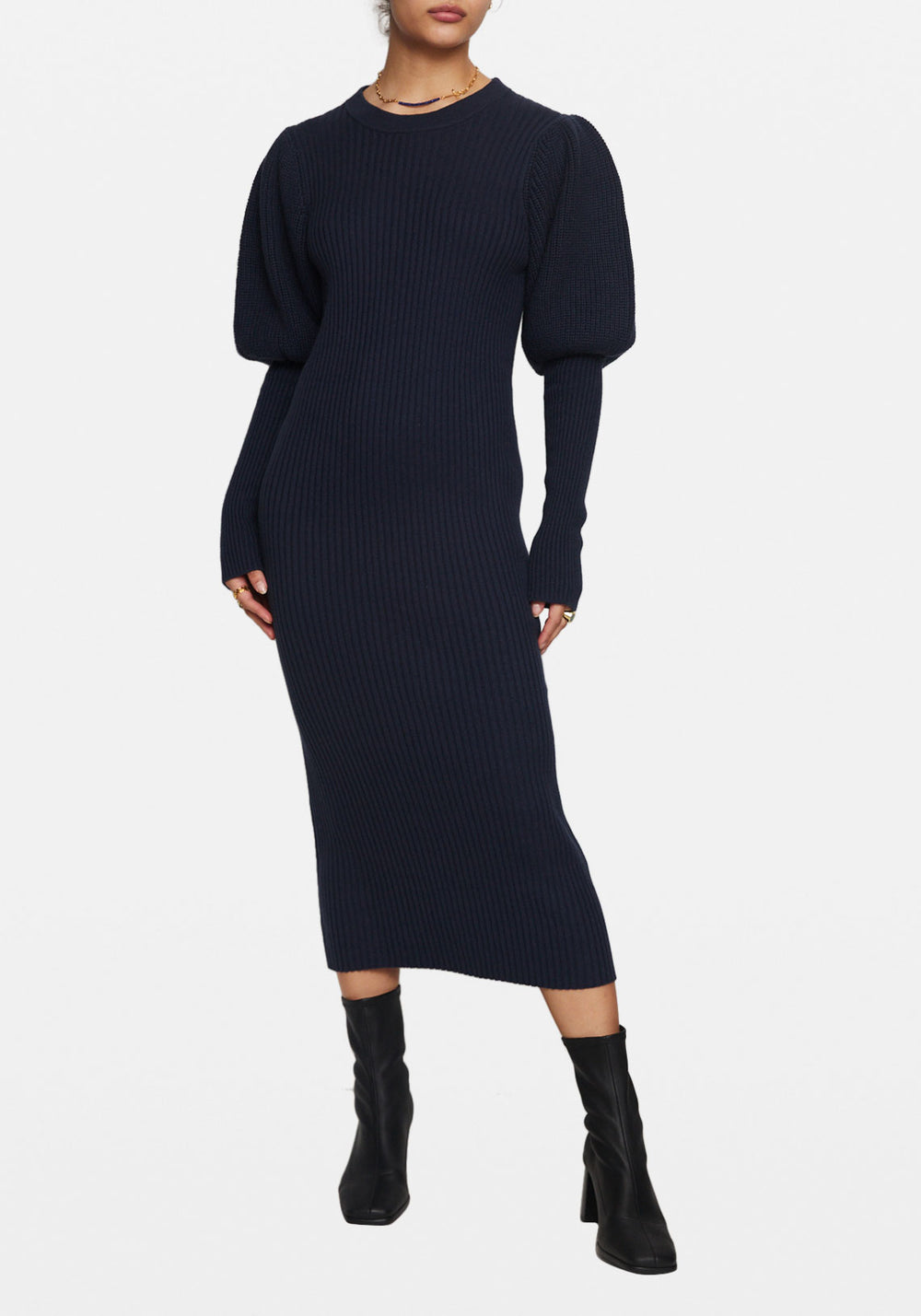 BALLOON SLEEVE KNIT MIDI DRESS NAVY