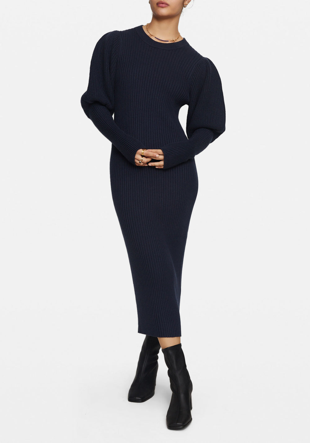 BALLOON SLEEVE KNIT MIDI DRESS NAVY