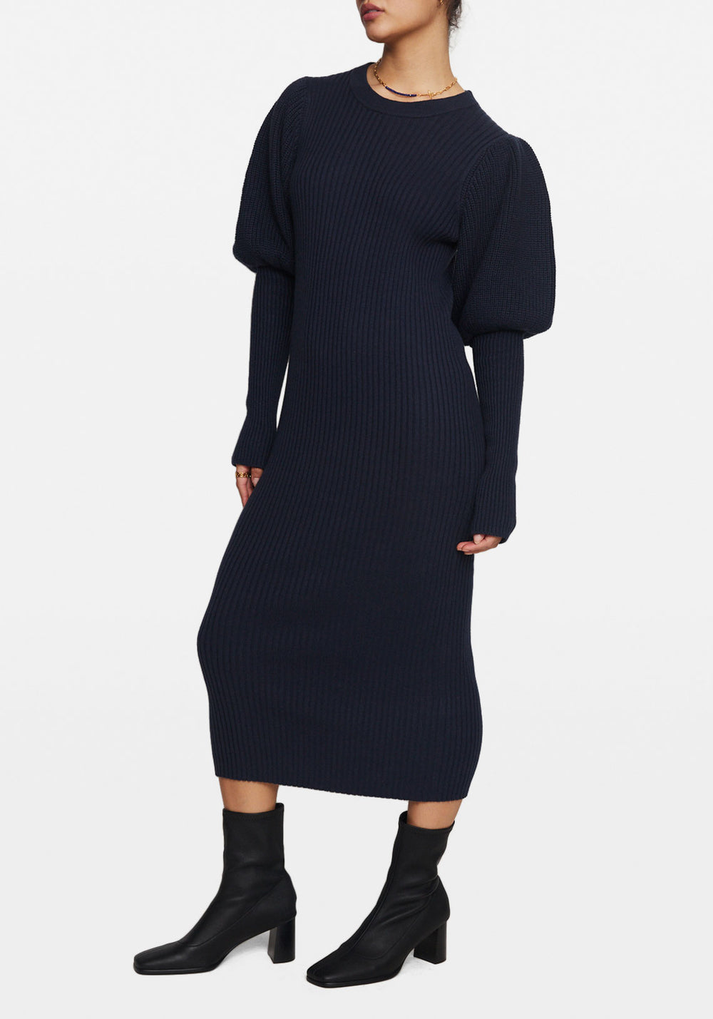 BALLOON SLEEVE KNIT MIDI DRESS NAVY