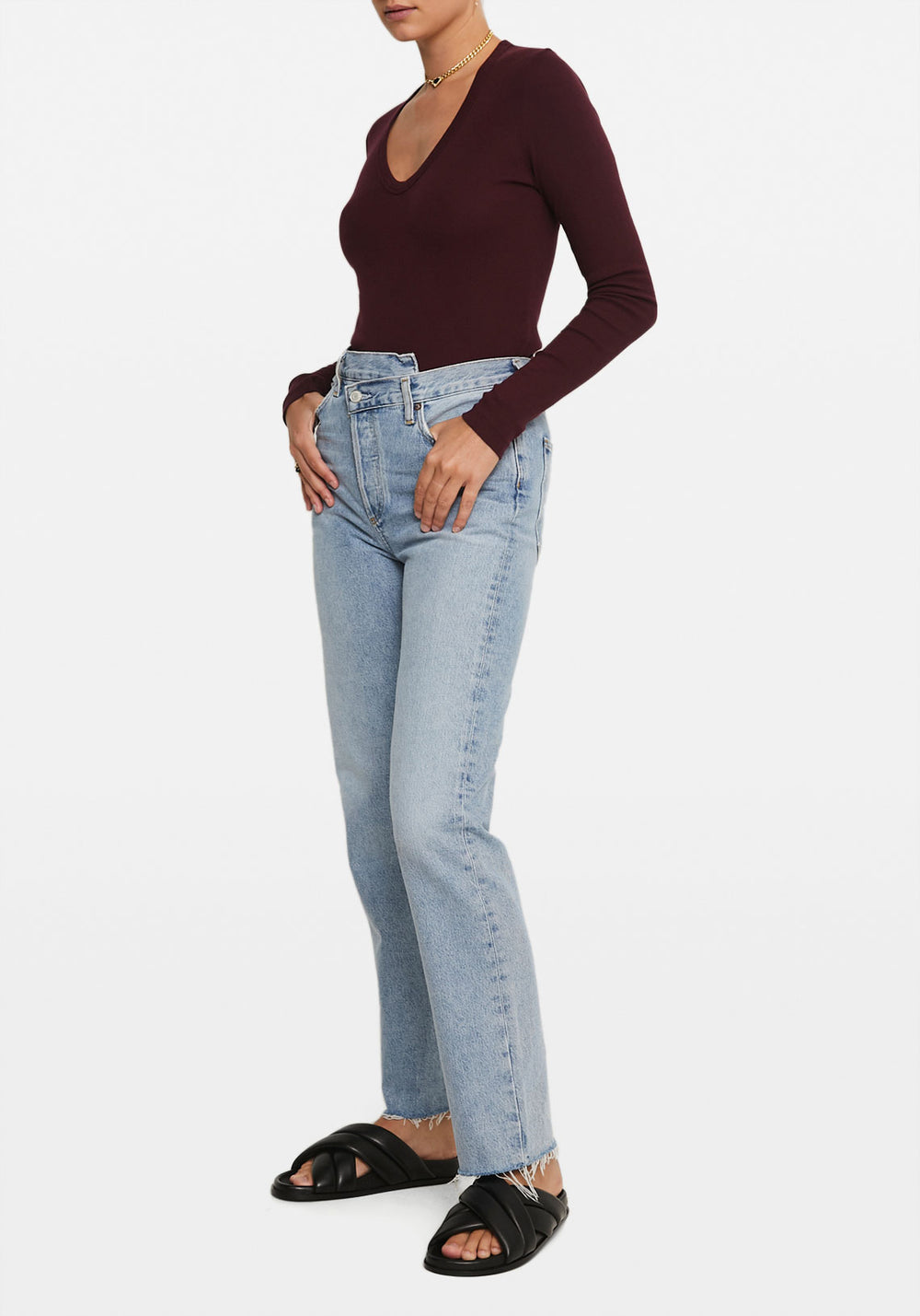 SLIM RIB V NECK L/S T.SHIRT MULBERRY