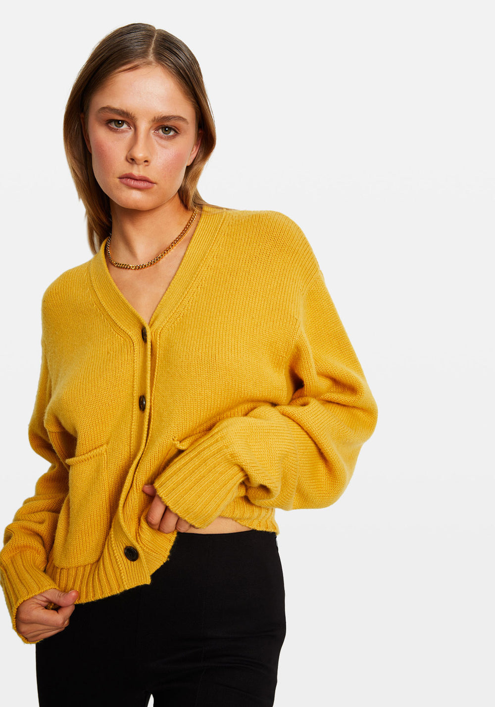 WOOL CASHMERE CROPPED CARDIGAN GOLD