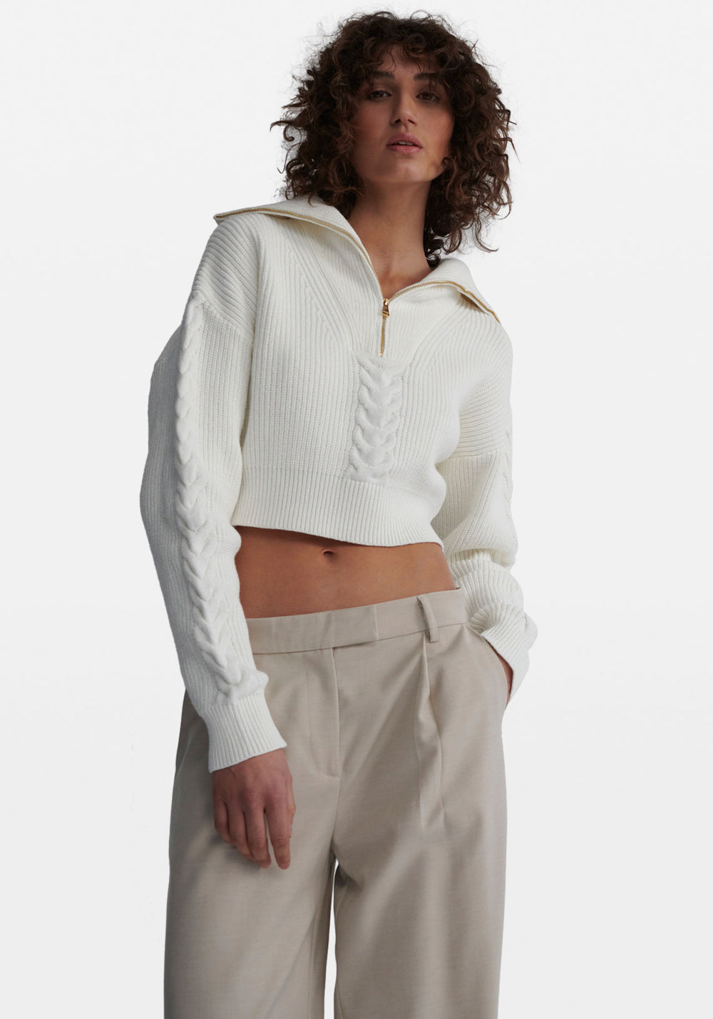 CROP CABLE ZIP SWEATER IVORY