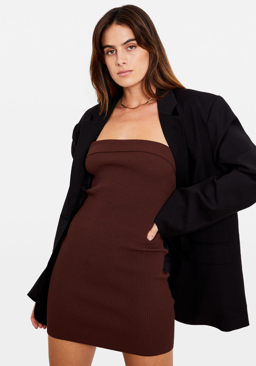 RIBBED TUBE MINI DRESS CHOCOLATE