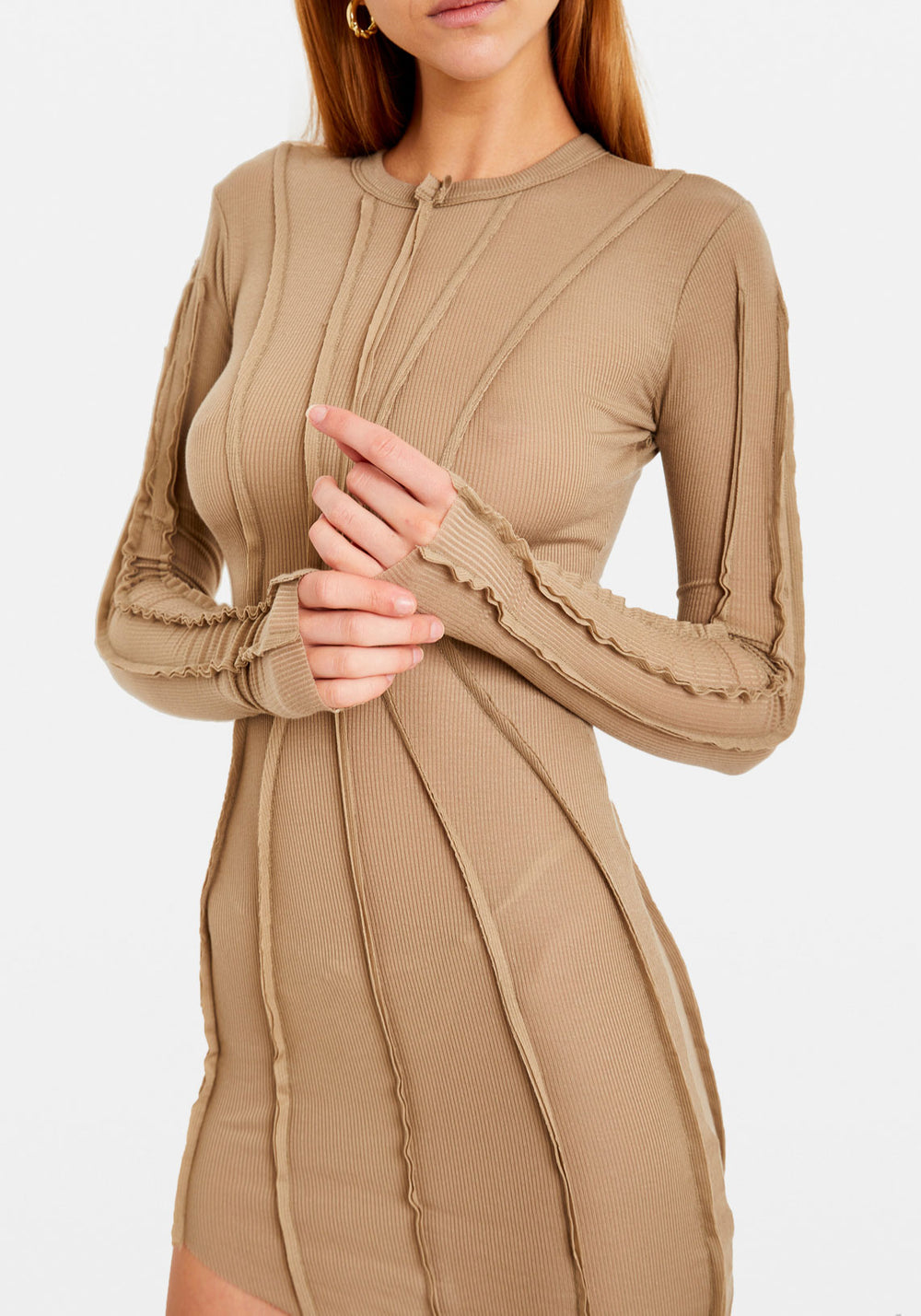 ASYMMETRIC LONG SLEEVE MINI DRESS TAUPE